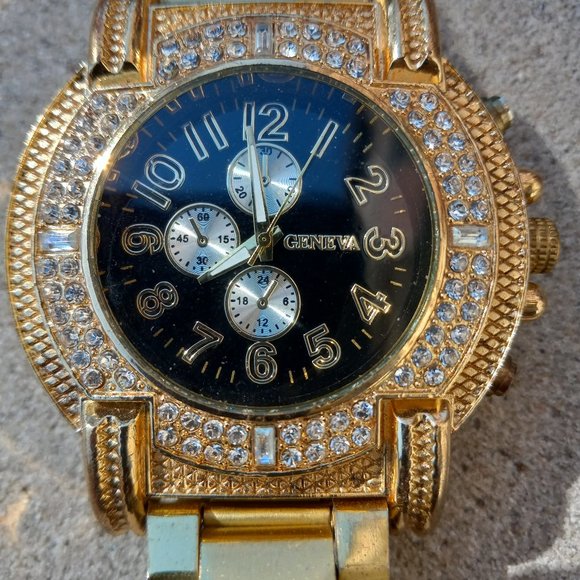 Mens GENEVA Oversized Wrist Watch Gold Rapper Bling Bling - Picture 8 of 15